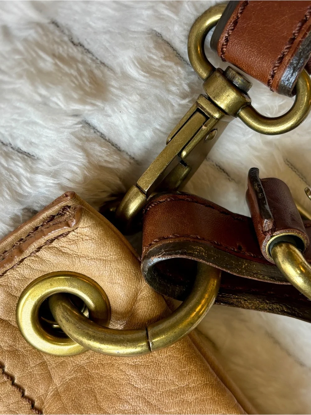 Fossil tan, leather, rustic, tote, bag, convertible straps, antique brass